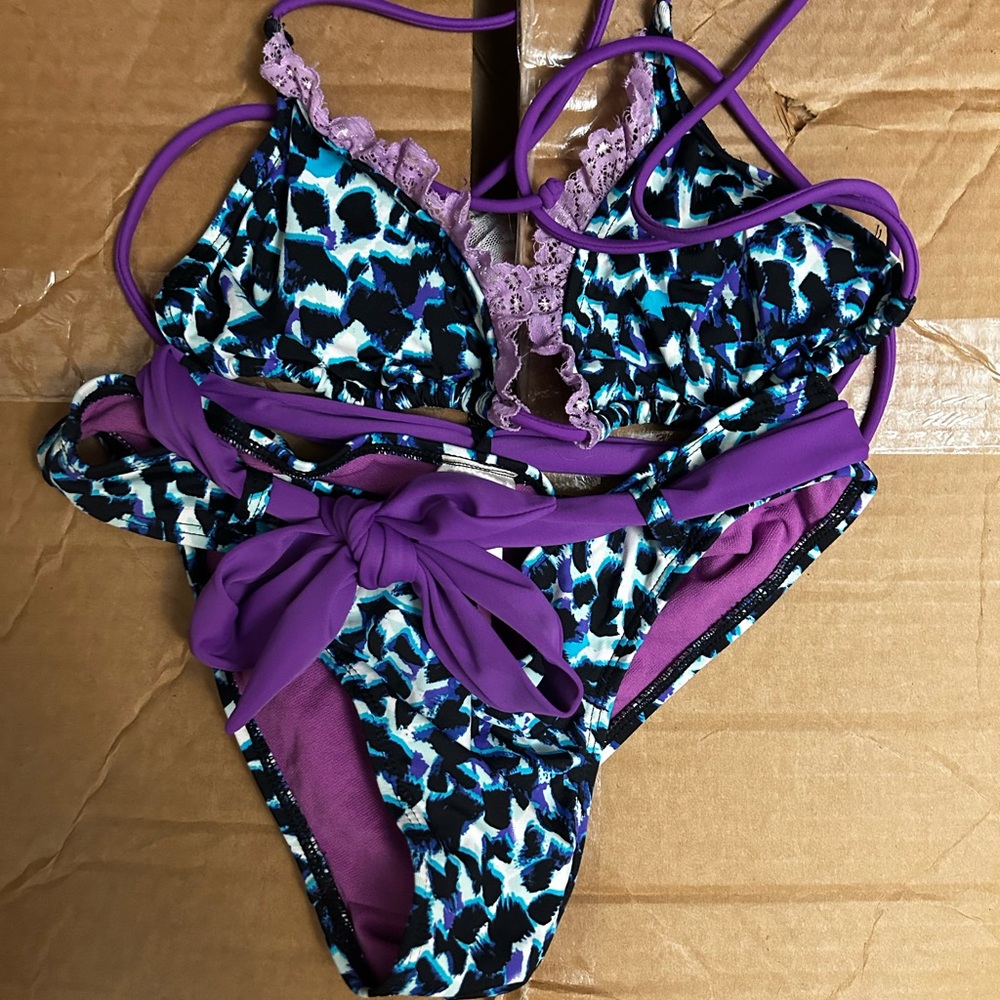 Purple Animal-Print Lace Trim Bikini Set